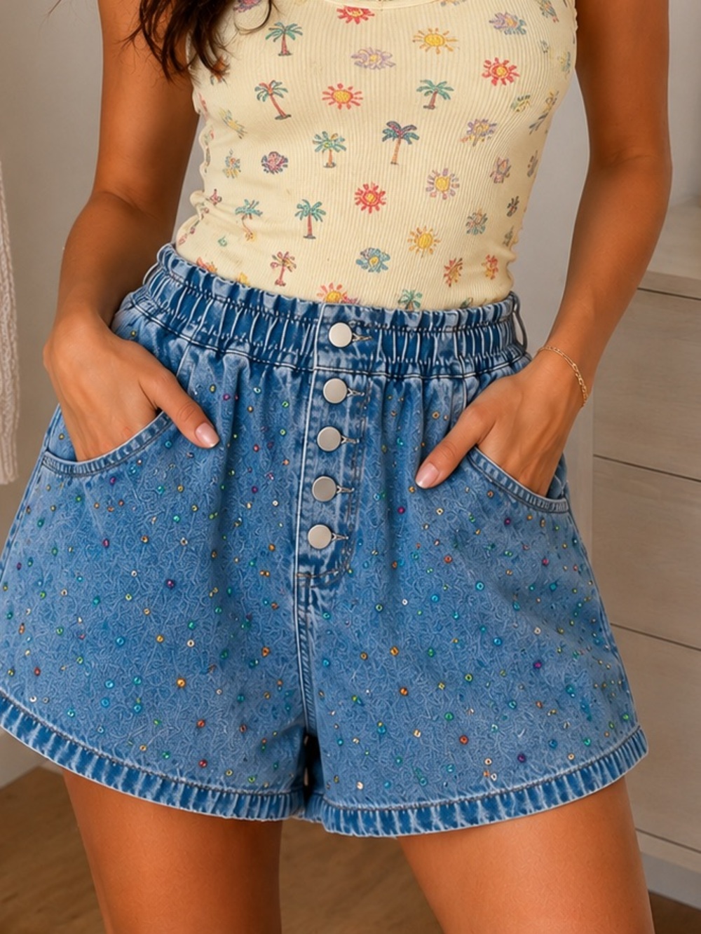 Blue Velvet High-Rise Embellished Denim Shorts